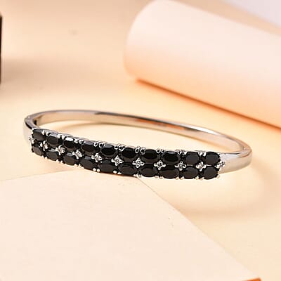 Thai Black Spinel and White Simulated Diamond Bangle Bracelet in Stainless Steel (7.25 In) 11.80 ctw