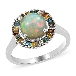 Ethiopian Welo Opal and Multi Diamond Halo Ring in Platinum Over Sterling Silver (Size 10.0) 1.65 ctw