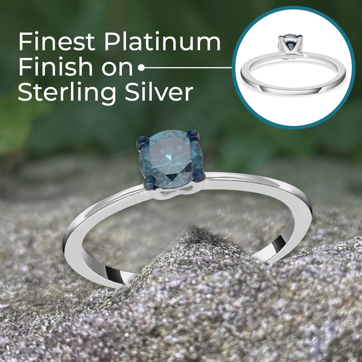 Blue Diamond Solitaire Ring in Platinum Over Sterling Silver 0.50 ctw image number 3
