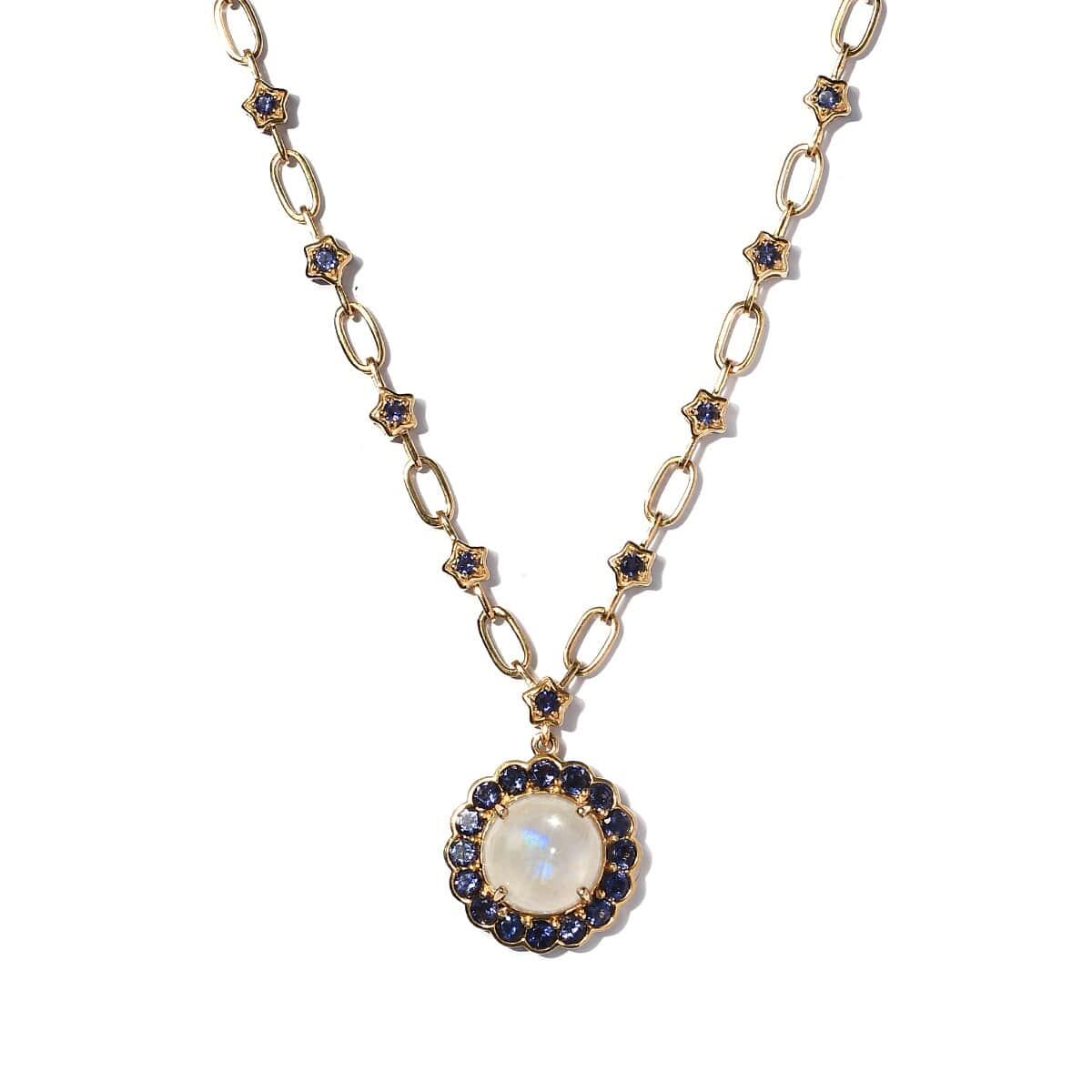 Premium Rainbow Moonstone and Catalina Iolite Flower Necklace 18 Inches in Vermeil Yellow Gold Over Sterling Silver 11.50 ctw image number 0