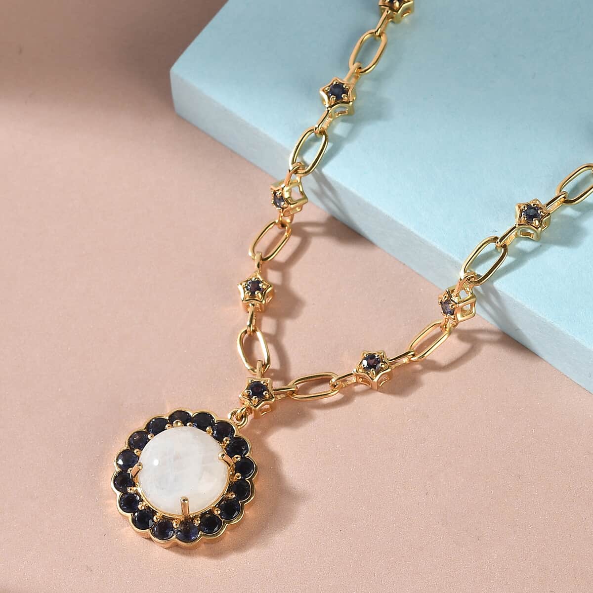 Premium Rainbow Moonstone and Catalina Iolite Flower Necklace 18 Inches in Vermeil Yellow Gold Over Sterling Silver 11.50 ctw image number 1