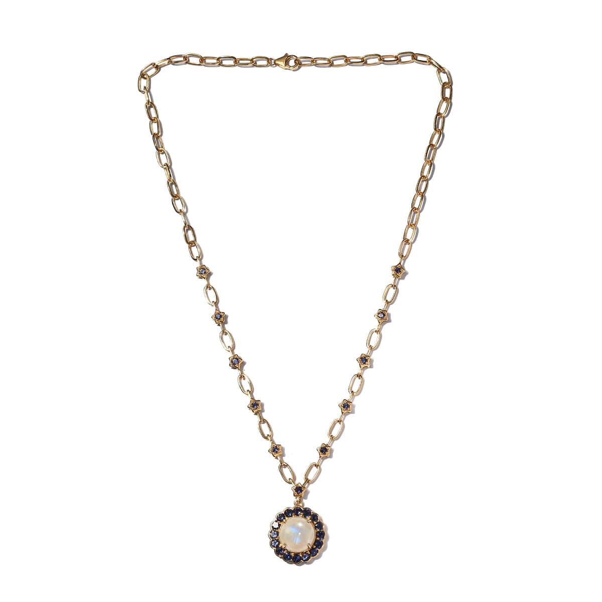 Premium Rainbow Moonstone and Catalina Iolite Flower Necklace 18 Inches in Vermeil Yellow Gold Over Sterling Silver 11.50 ctw image number 3
