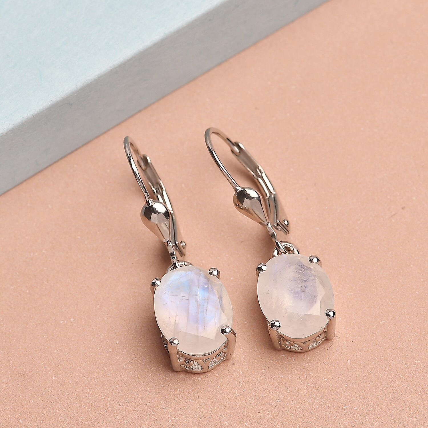 Rainbow Moonstone Lever Back Earrings in Platinum Over Sterling Silver 5.25 ctw