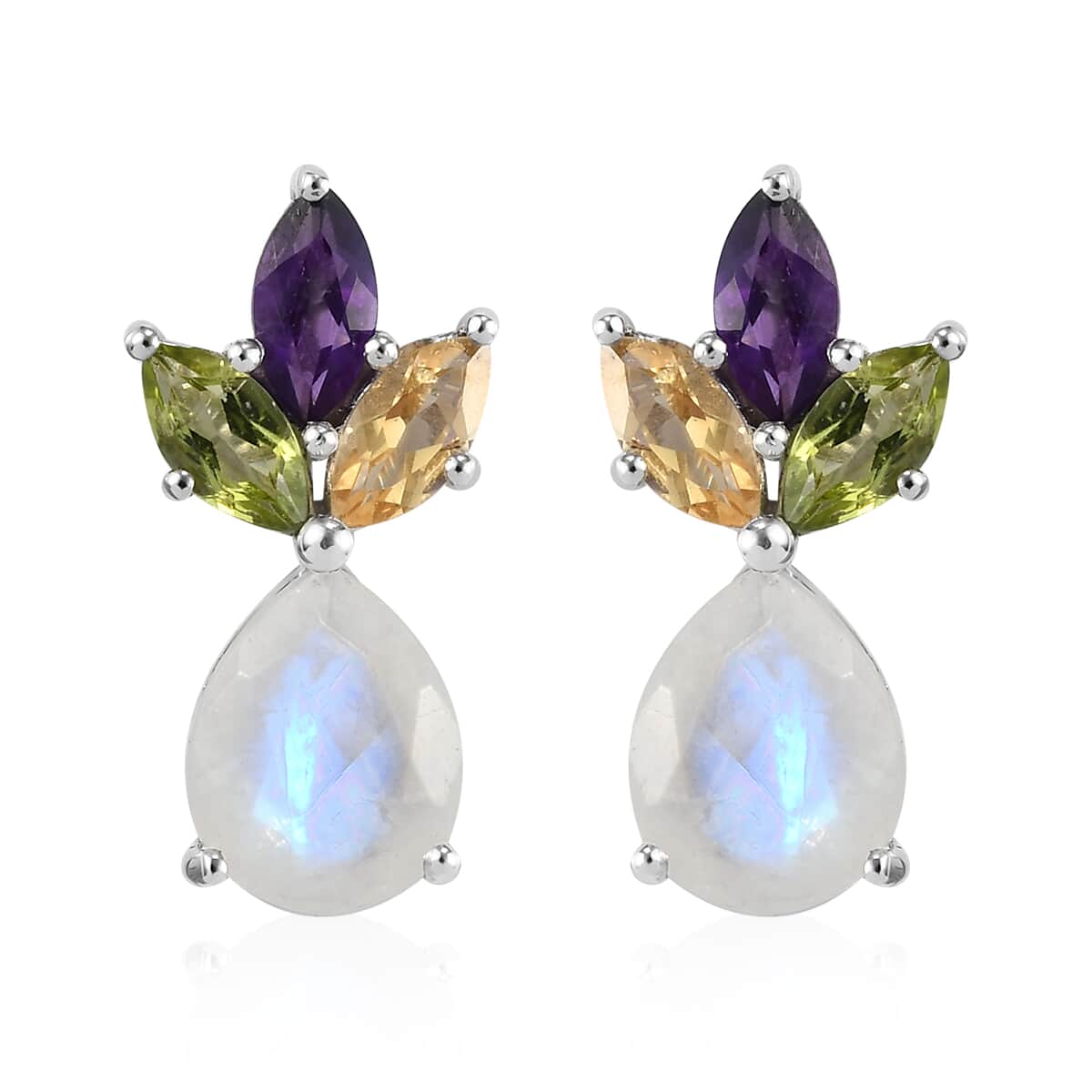 Premium Rainbow Moonstone and Multi Gemstone Drop Earrings in Platinum Over Sterling Silver 6.75 ctw image number 0