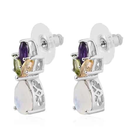 Premium Rainbow Moonstone and Multi Gemstone Drop Earrings in Platinum Over Sterling Silver 6.75 ctw image number 3
