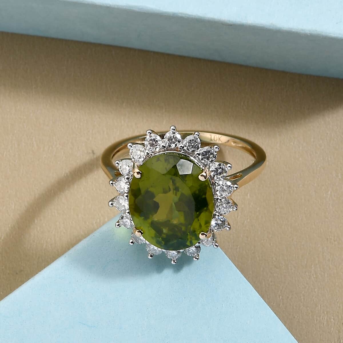 LUXORO 10K Yellow Gold AA Premium Peridot and Moissanite VS EF Halo Ring (Size 7.0) 2.35 Grams 6.10 ctw image number 1