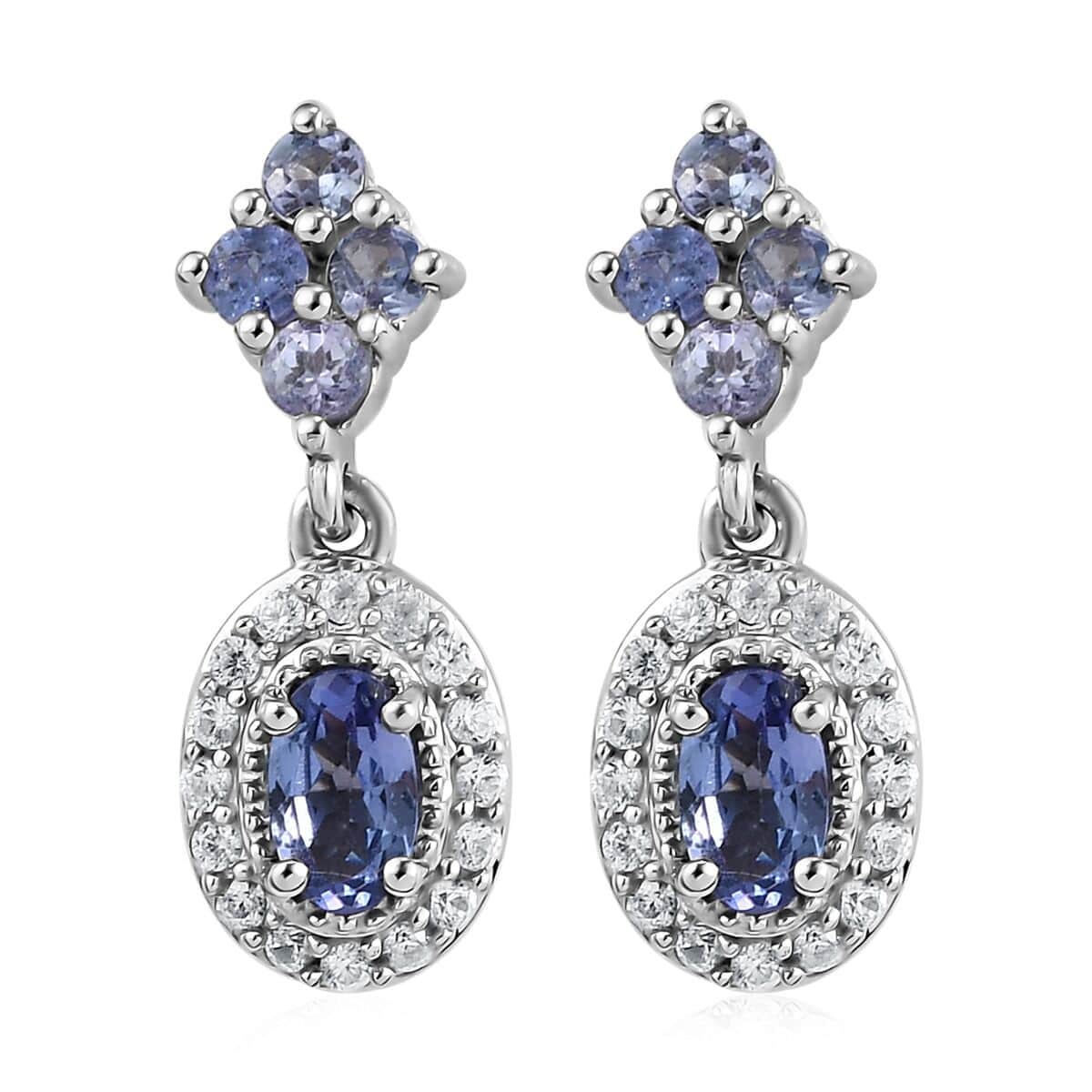 Tanzanite and Natural White Zircon Earrings in Platinum Over Sterling Silver 1.25 ctw image number 0