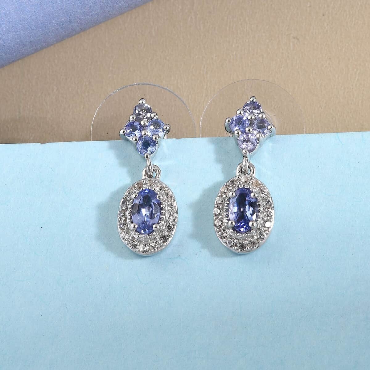 Tanzanite and Natural White Zircon Earrings in Platinum Over Sterling Silver 1.25 ctw image number 1