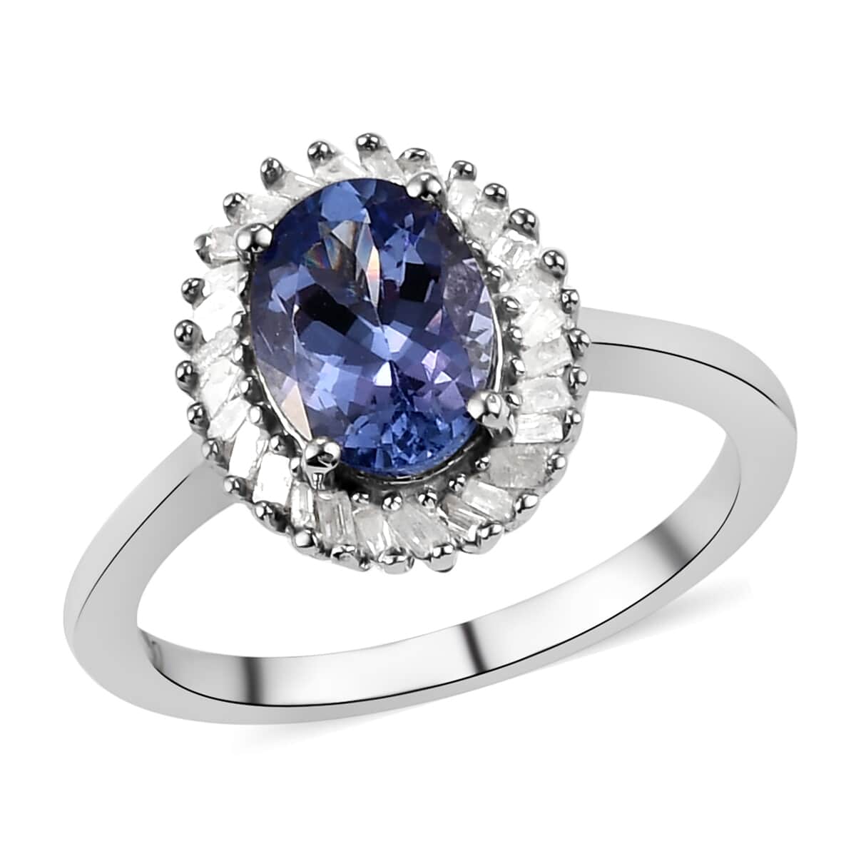Tanzanite and Diamond Halo Ring in Platinum Over Sterling Silver (Size 10.0) 1.40 ctw image number 0