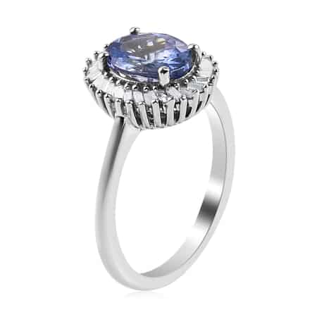 Tanzanite and Diamond Halo Ring in Platinum Over Sterling Silver (Size 10.0) 1.40 ctw image number 3
