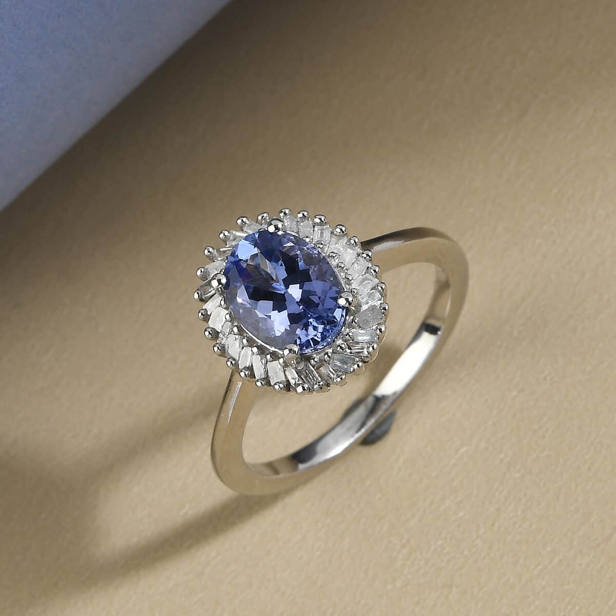 Tanzanite and Diamond Halo Ring in Platinum Over Sterling Silver (Size 5.0) 1.40 ctw image number 1