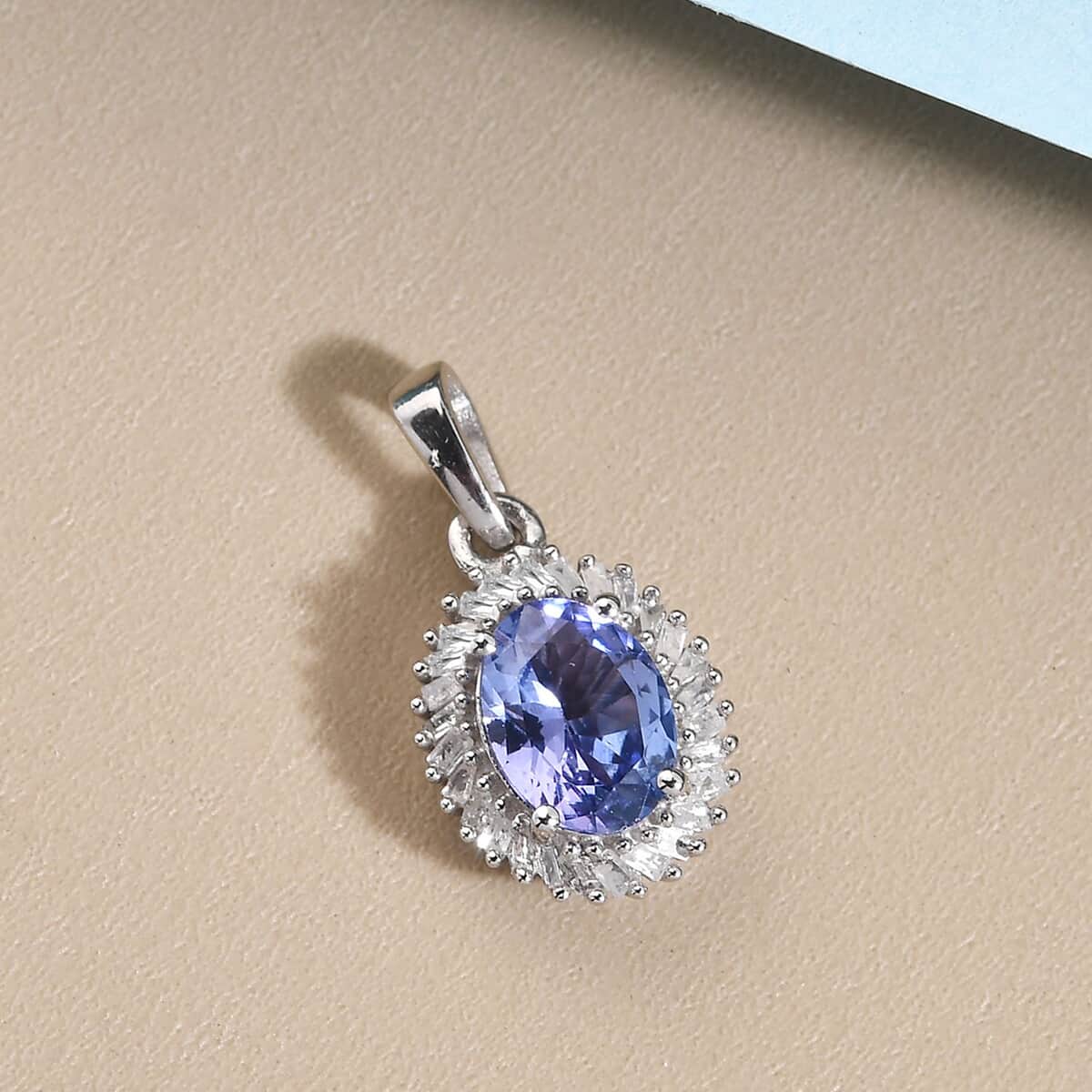 Tanzanite and Diamond Halo Pendant in Platinum Over Sterling Silver 1.40 ctw image number 1