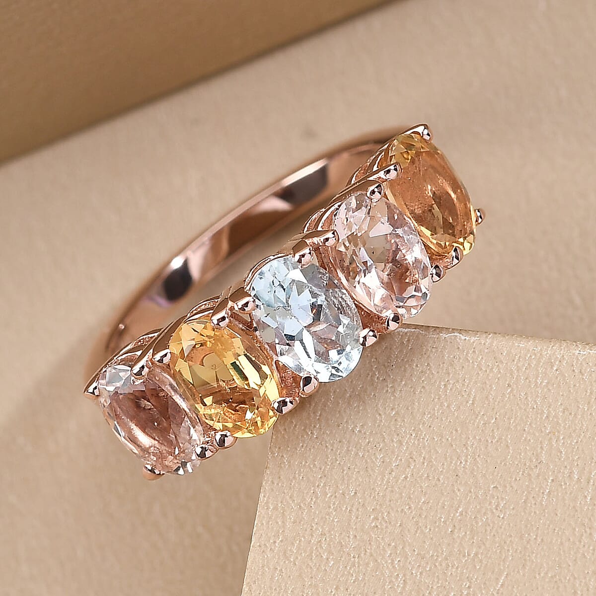Premium Multi Beryl 5 Stone Ring in Vermeil Rose Gold Over Sterling Silver (Size 6.0) 2.00 ctw image number 1