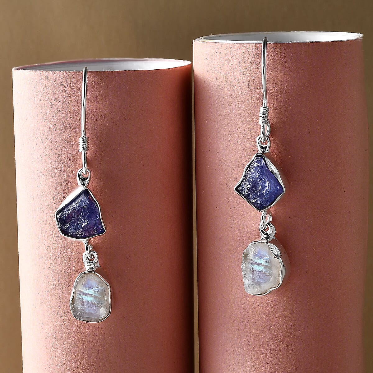 Artisan Crafted Rough Cut Premium Rainbow Moonstone and Tanzanite Fancy Earrings in Sterling Silver 9.60 ctw image number 1