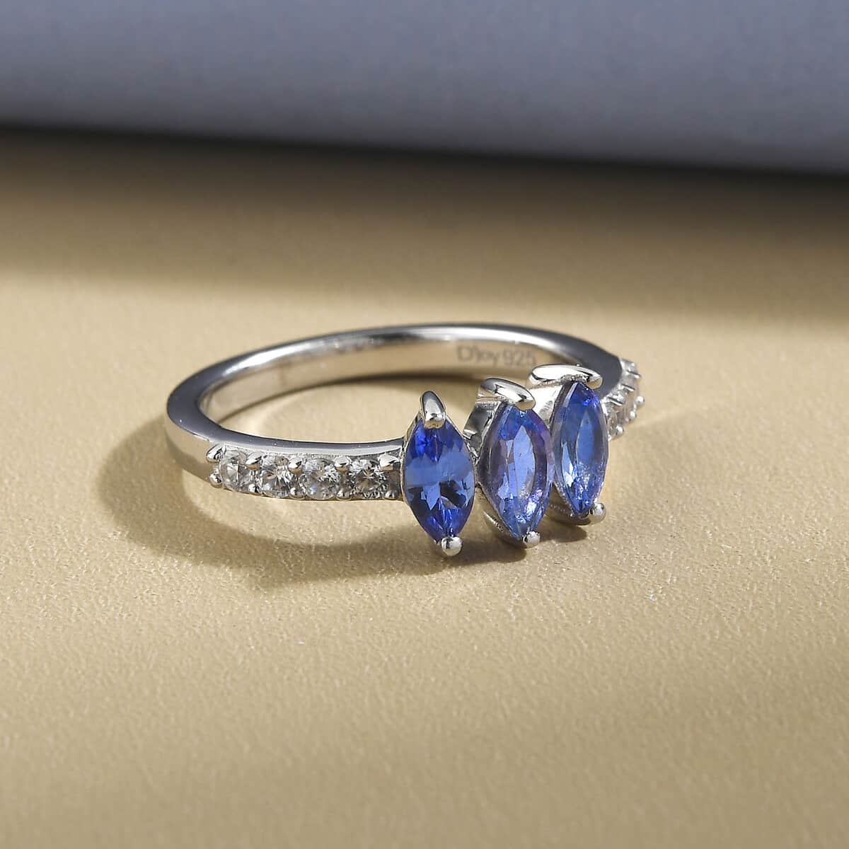 Tanzanite and Natural White Zircon 3 Stone Ring in Platinum Over Sterling Silver (Size 7.0) 1.00 ctw image number 1