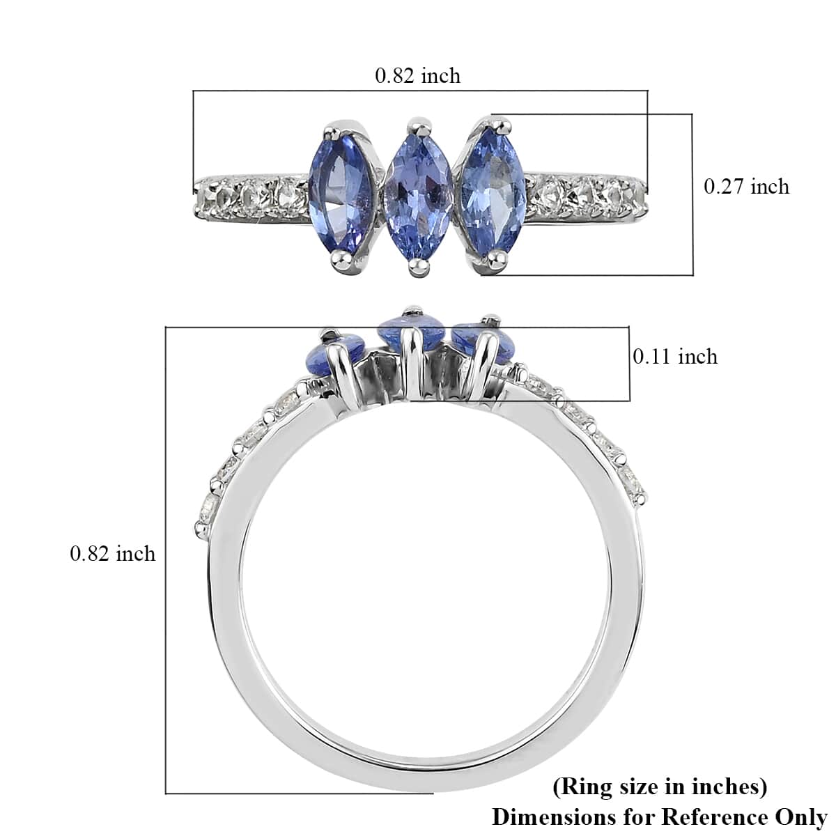 Tanzanite and Natural White Zircon 3 Stone Ring in Platinum Over Sterling Silver (Size 7.0) 1.00 ctw image number 5