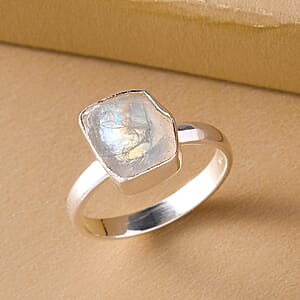 Artisan Crafted Rough Cut Rainbow Moonstone Solitaire Ring in Sterling Silver (Size 6.0) 5.11 ctw