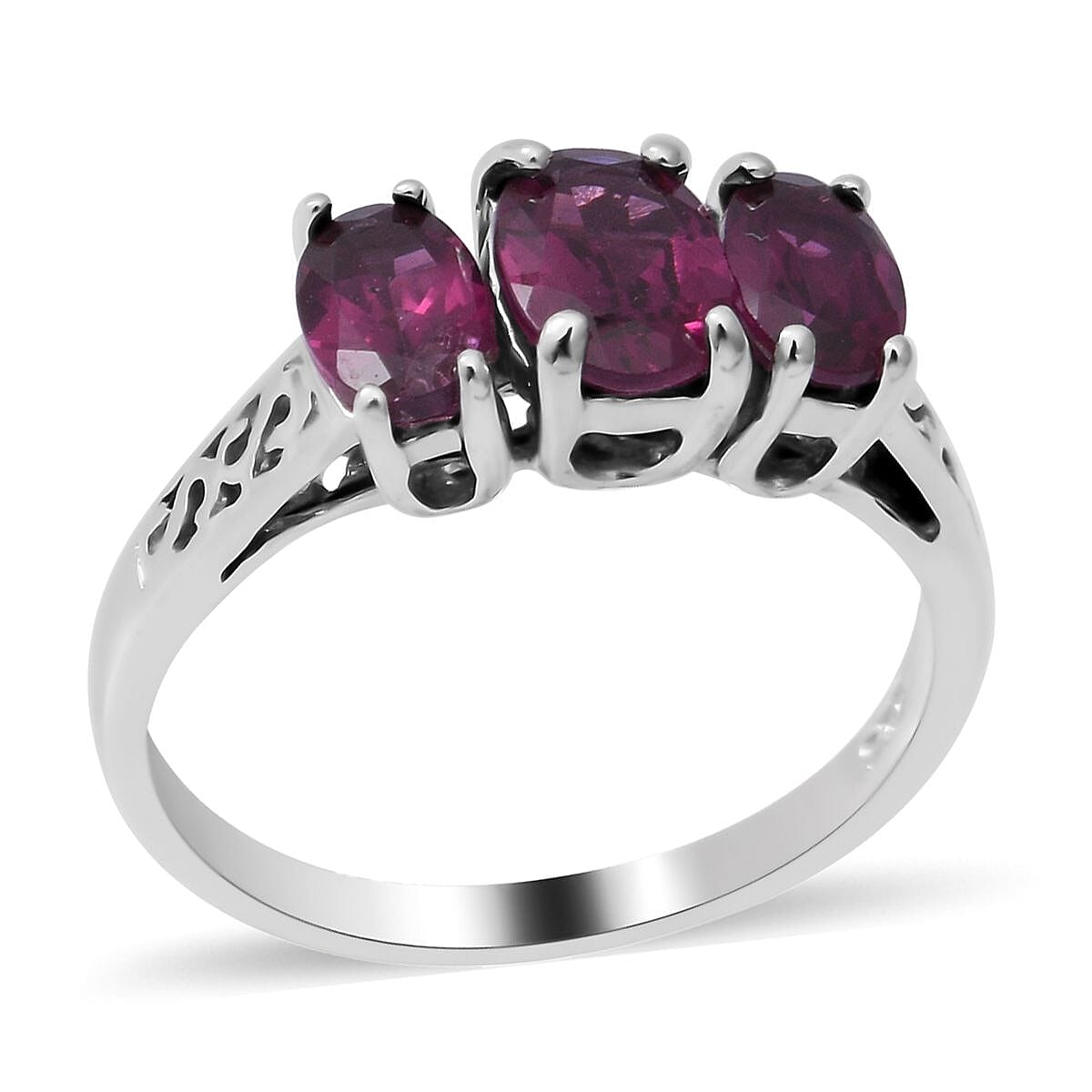 Orissa Rhodolite Garnet 3 Stone Ring in Platinum Over Sterling Silver (Size 10.0) 2.00 ctw