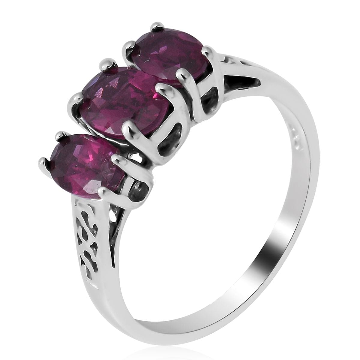 Orissa Rhodolite Garnet 3 Stone Ring in Platinum Over Sterling Silver (Size 10.0) 2.00 ctw