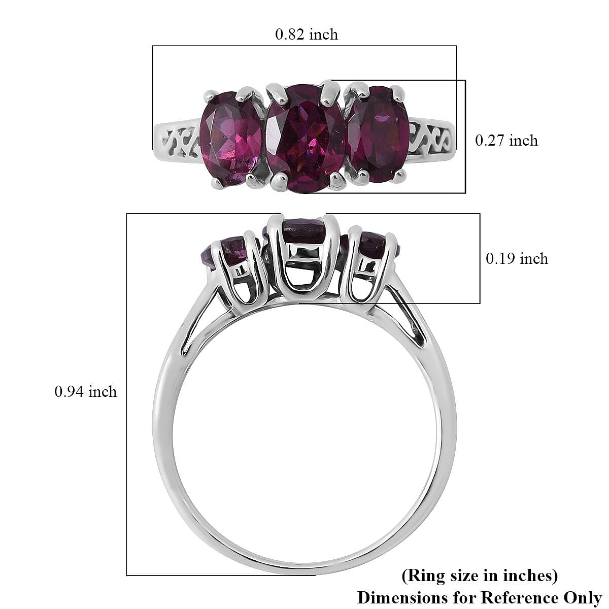 Orissa Rhodolite Garnet 3 Stone Ring in Platinum Over Sterling Silver (Size 10.0) 2.00 ctw