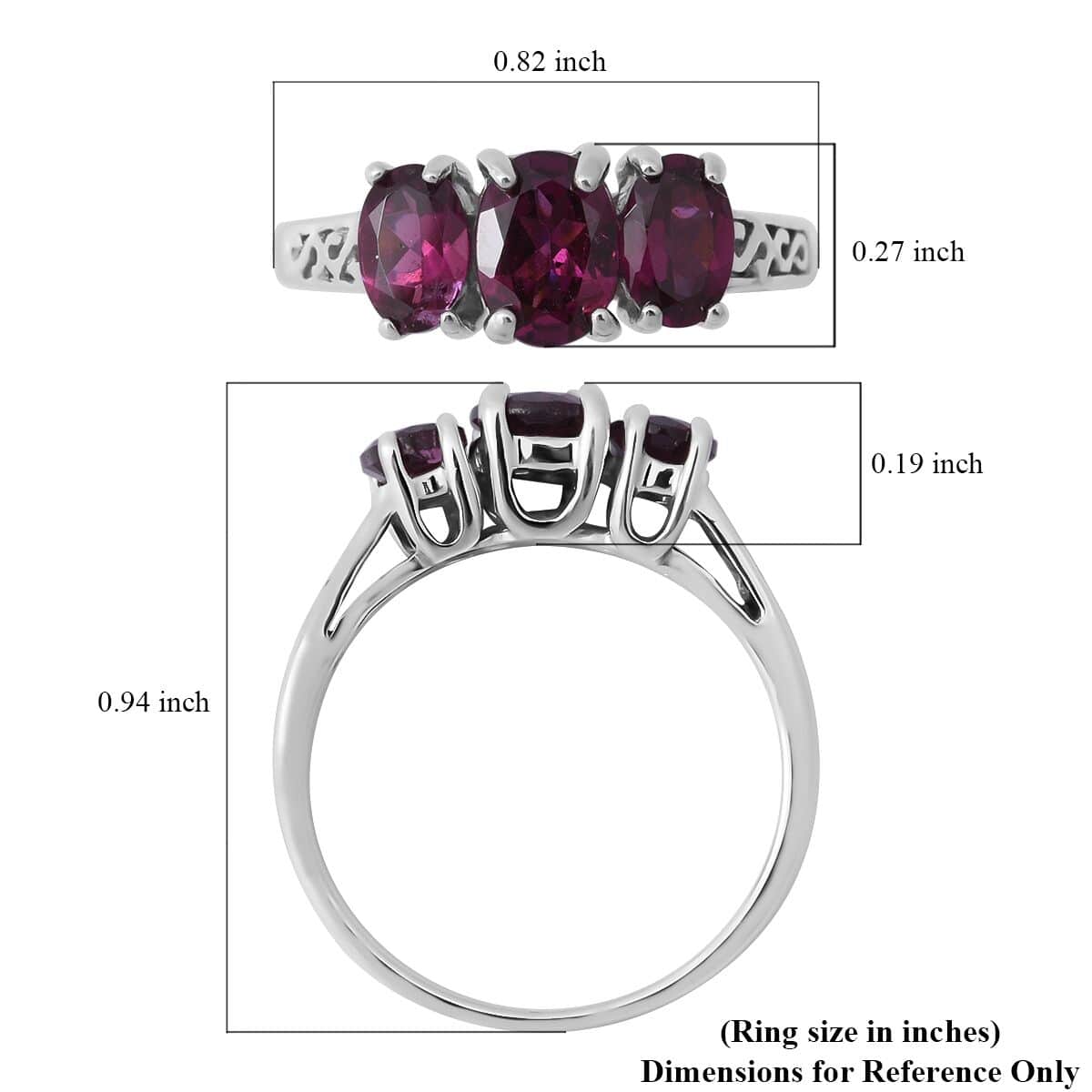 Orissa Rhodolite Garnet 3 Stone Ring in Platinum Over Sterling Silver (Size 5.0) 2.00 ctw image number 4