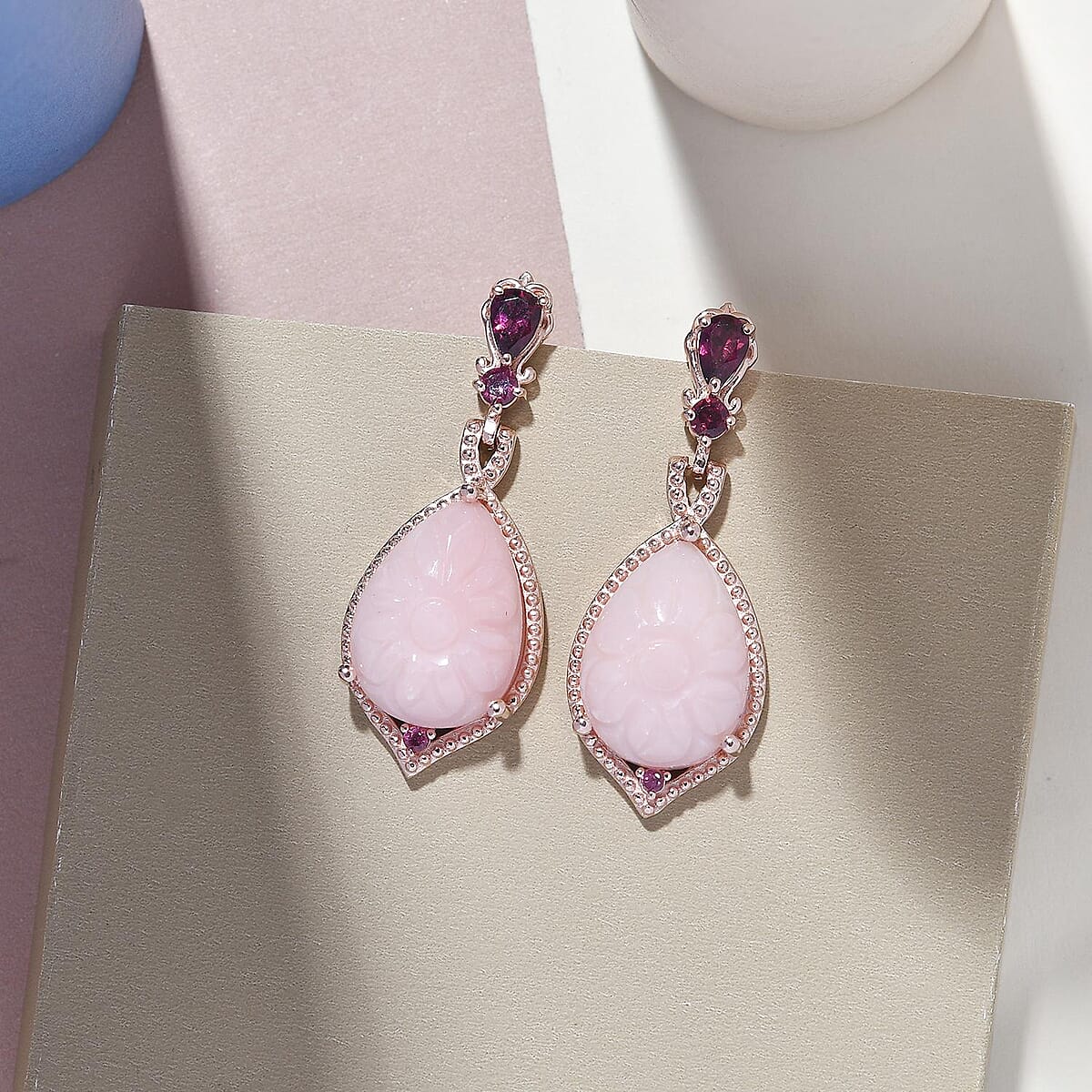 Peruvian Pink Opal Carved and Orissa Rhodolite Garnet Drop Earrings in Vermeil Rose Gold Over Sterling Silver 19.15 ctw image number 1