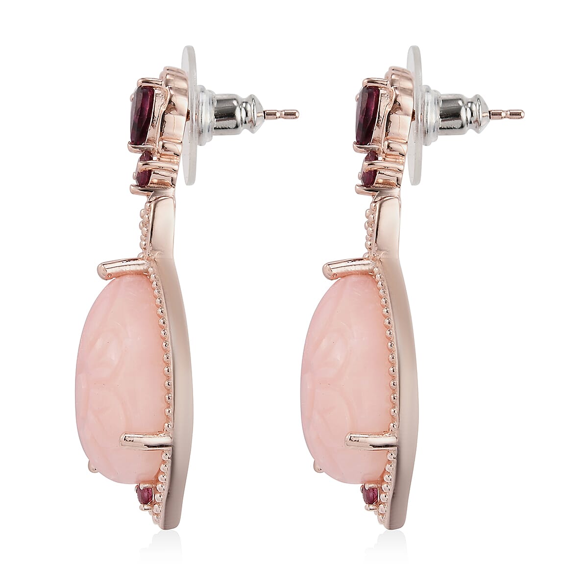 Peruvian Pink Opal Carved and Orissa Rhodolite Garnet Drop Earrings in Vermeil Rose Gold Over Sterling Silver 19.15 ctw image number 3