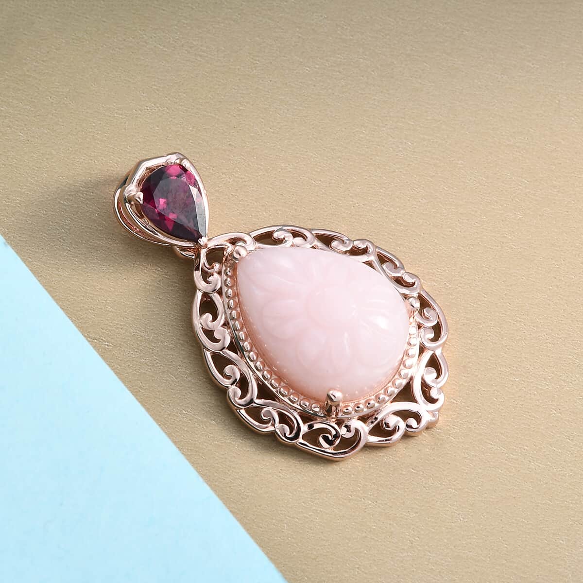 Peruvian Pink Opal Carved and Orissa Rhodolite Garnet Fancy Pendant in Vermeil Rose Gold Over Sterling Silver 10.10 ctw image number 1
