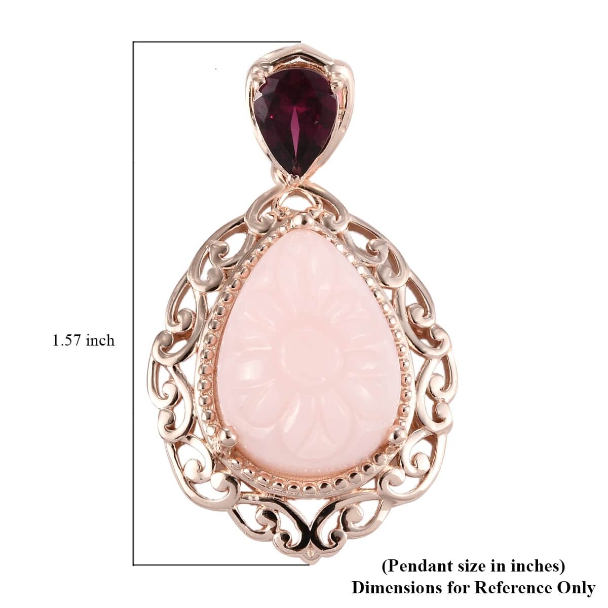 Peruvian Pink Opal Carved and Orissa Rhodolite Garnet Fancy Pendant in Vermeil Rose Gold Over Sterling Silver 10.10 ctw image number 4