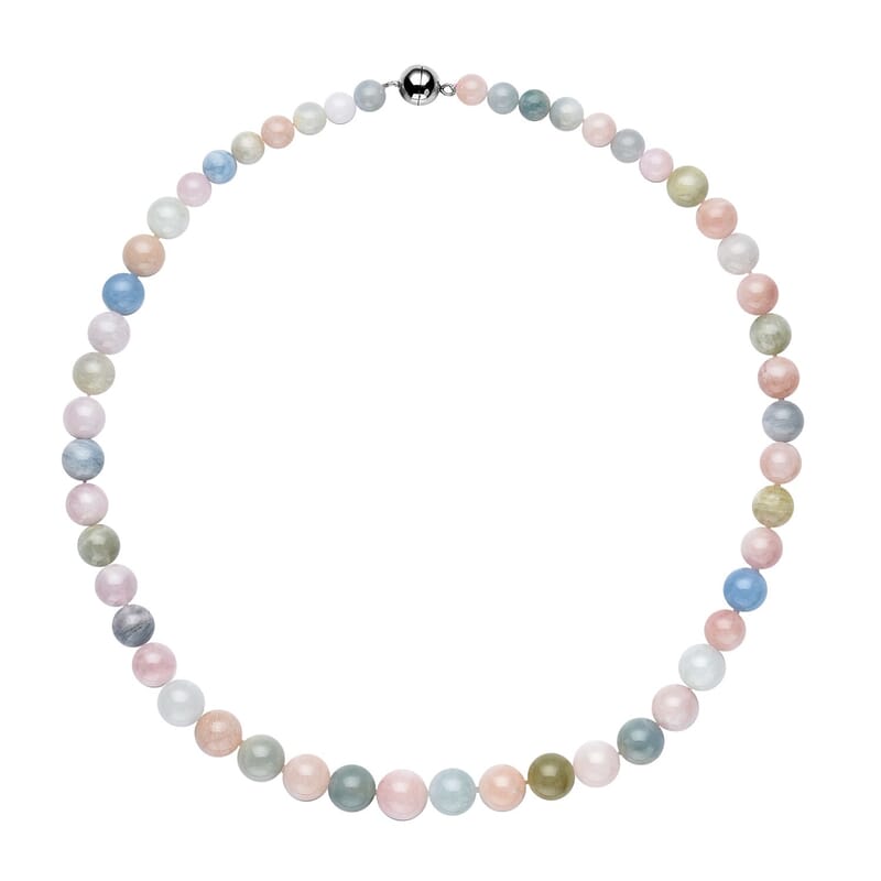 Pink Morganite, Aquamarine, Heliodor Beaded Necklace 20 Inches in Rhodium Over Sterling Silver 365.00 ctw