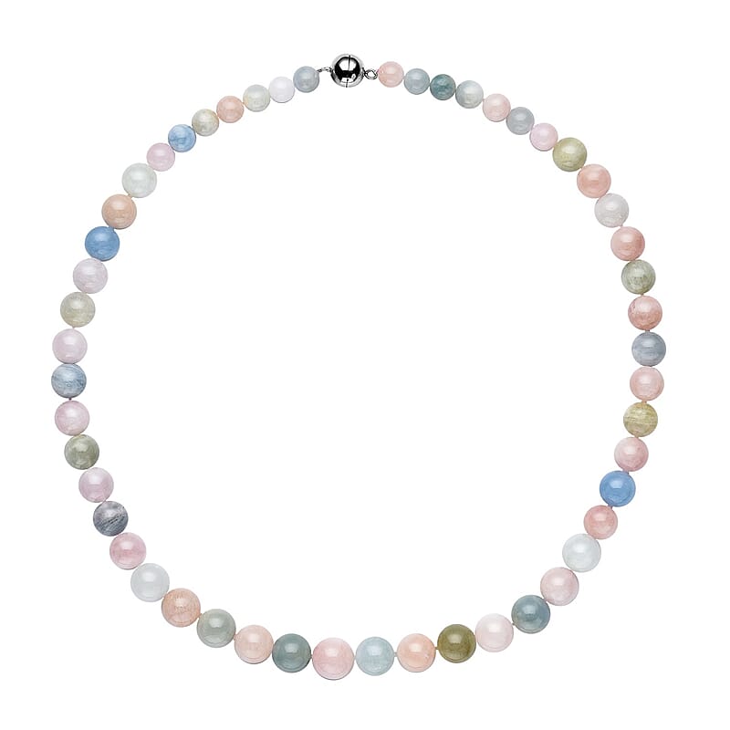 Pink Morganite, Aquamarine, Heliodor Beaded Necklace 20 Inches in Rhodium Over Sterling Silver 365.00 ctw