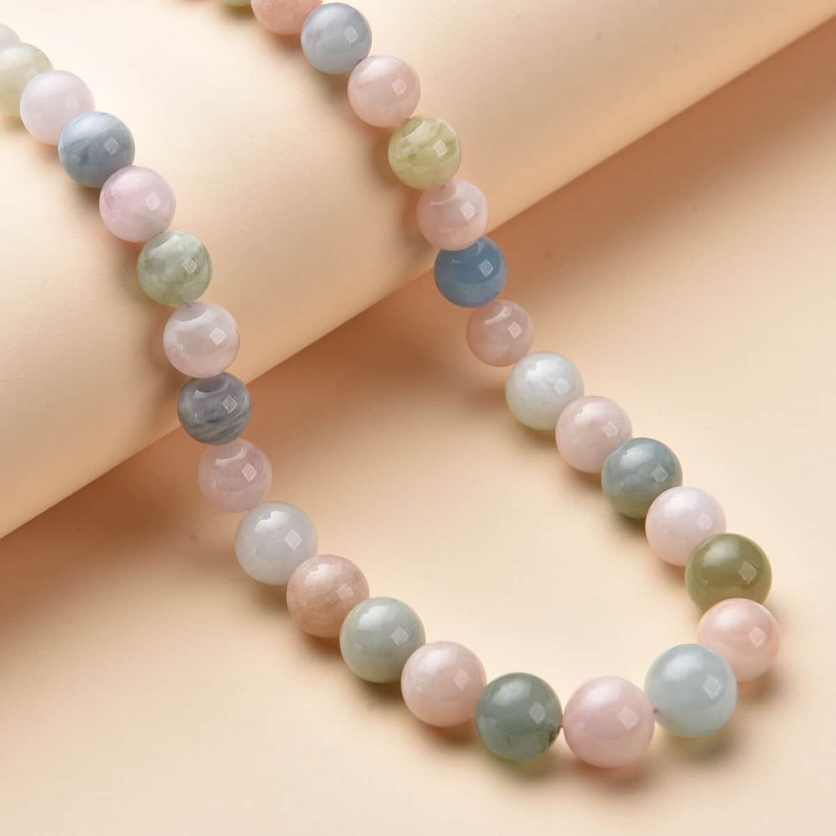 Pink Morganite, Aquamarine, Heliodor Beaded Necklace 20 Inches in Rhodium Over Sterling Silver 365.00 ctw image number 1