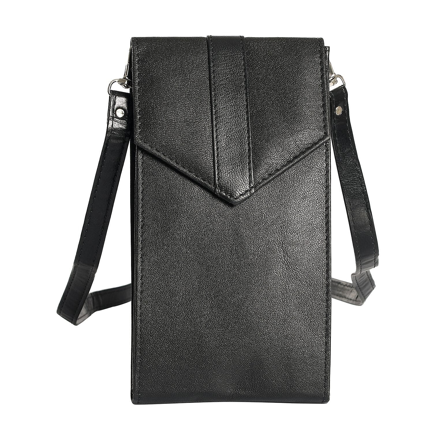 Black RFID Protected Genuine Leather Mobile Phone Crossbody Wallet with Touch Screen Window