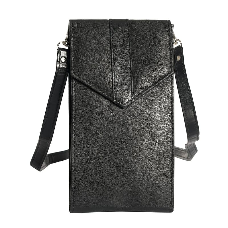 Black RFID Protected Genuine Leather Mobile Phone Crossbody Wallet with Touch Screen Window