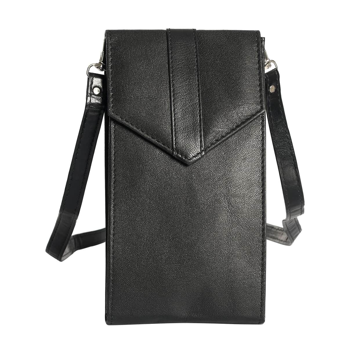 Black RFID Protected Genuine Leather Mobile Phone Crossbody Wallet with Touch Screen Window image number 0