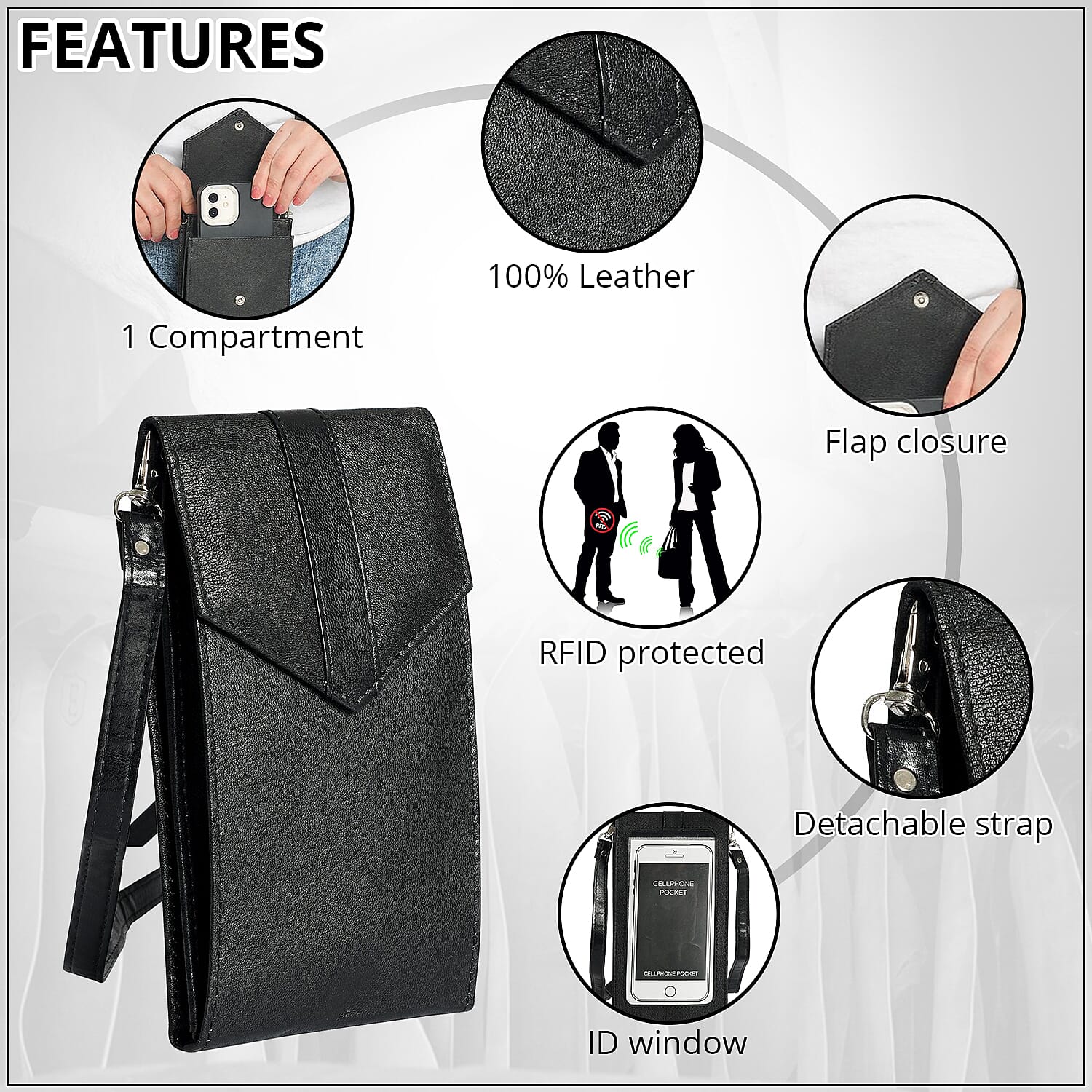 Black RFID Protected Genuine Leather Mobile Phone Crossbody Wallet with Touch Screen Window