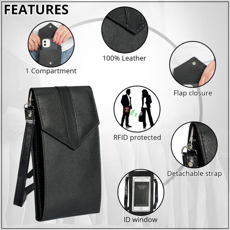 Black RFID Protected Genuine Leather Mobile Phone Crossbody Wallet with Touch Screen Window