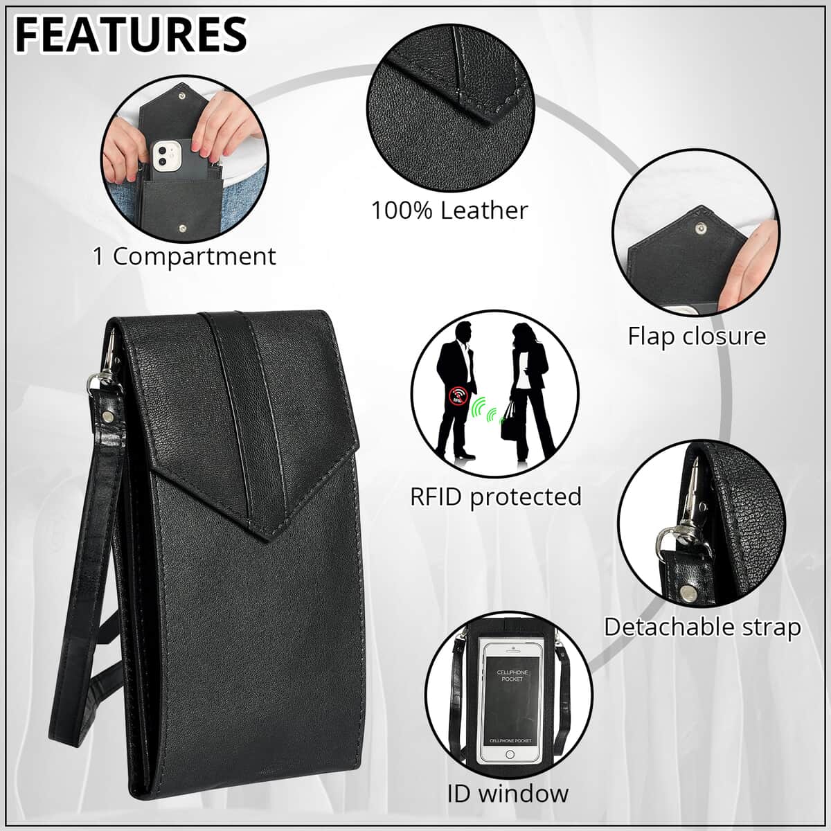 Black RFID Protected Genuine Leather Mobile Phone Crossbody Wallet with Touch Screen Window image number 3