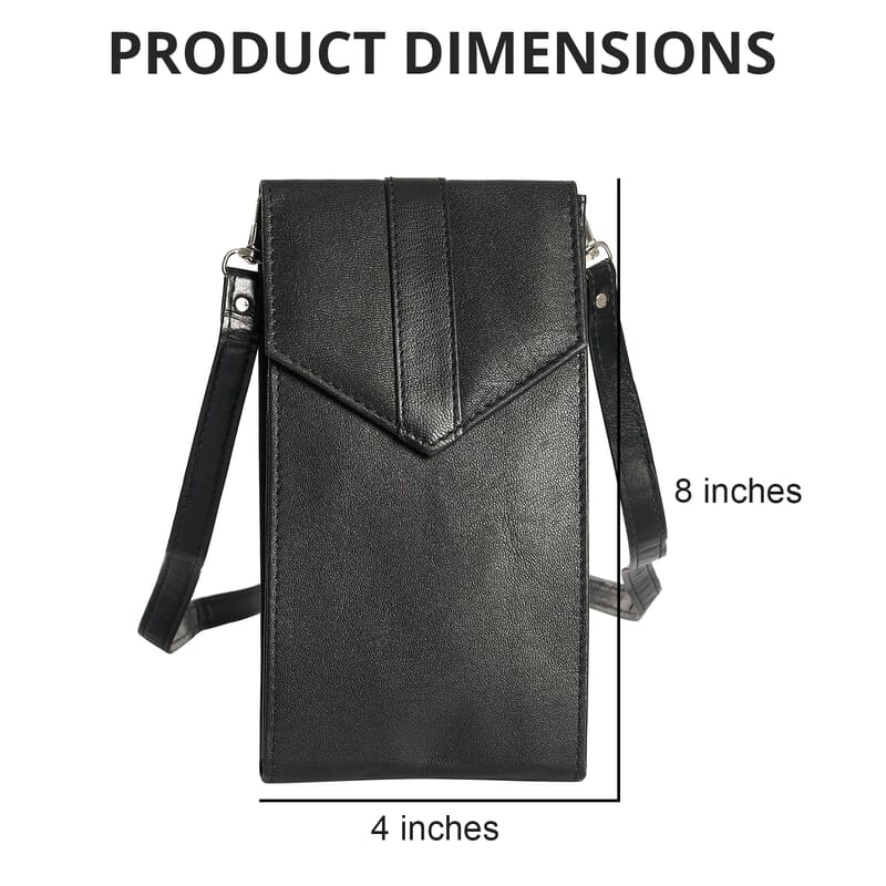 Black RFID Protected Genuine Leather Mobile Phone Crossbody Wallet with Touch Screen Window