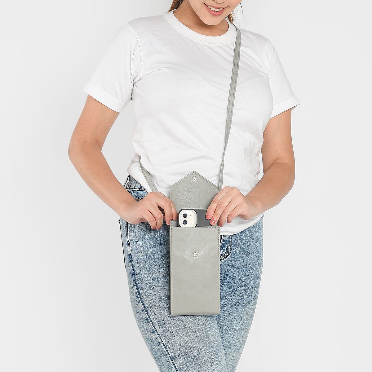 Gray RFID Protected Genuine Leather Mobile Phone Crossbody Wallet with Touch Screen Window image number 2