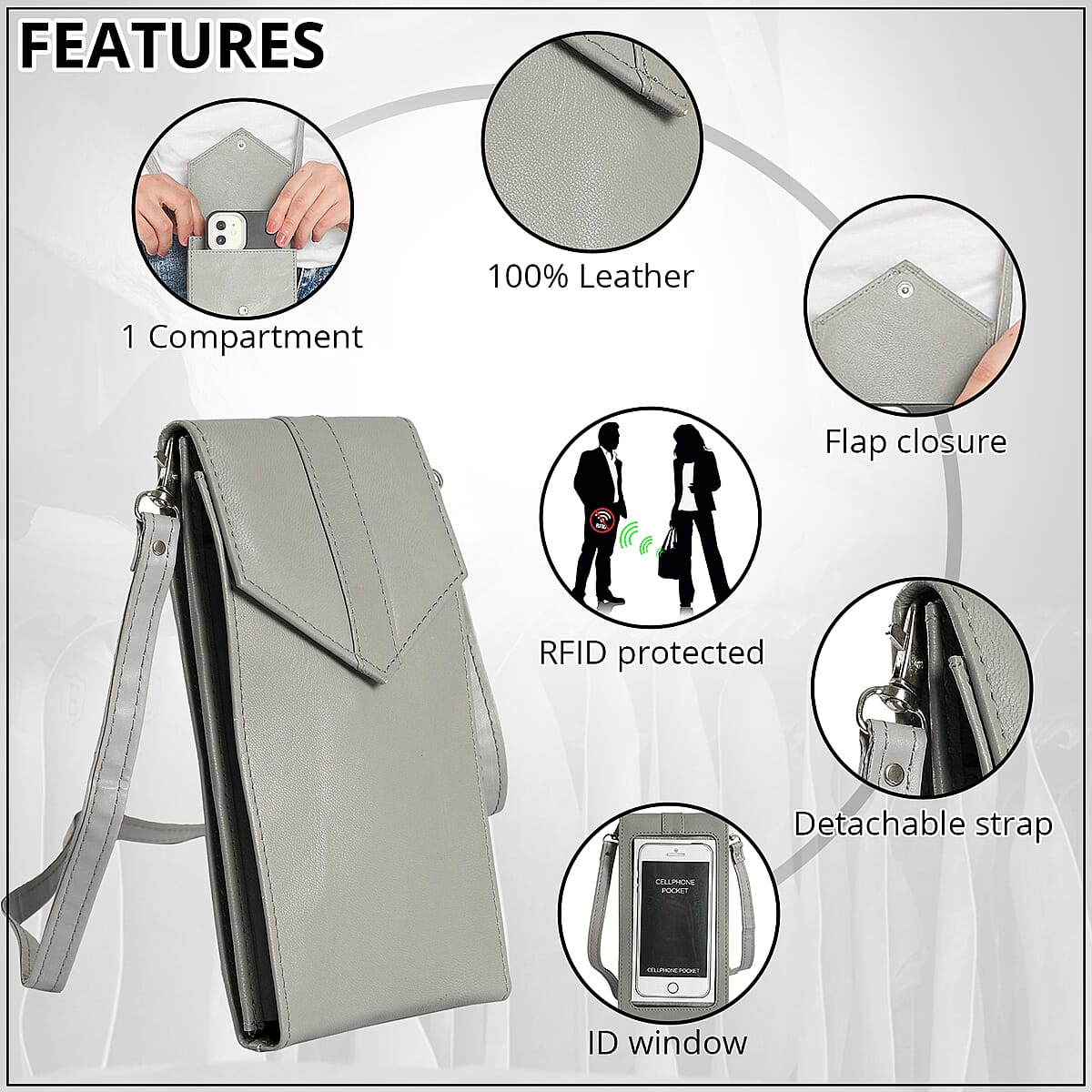 Gray RFID Protected Genuine Leather Mobile Phone Crossbody Wallet with Touch Screen Window image number 3