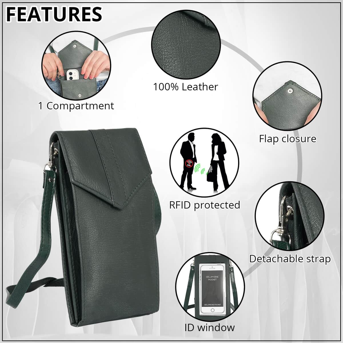 Green RFID Protected Genuine Leather Mobile Phone Crossbody Wallet with Touch Screen Window image number 3
