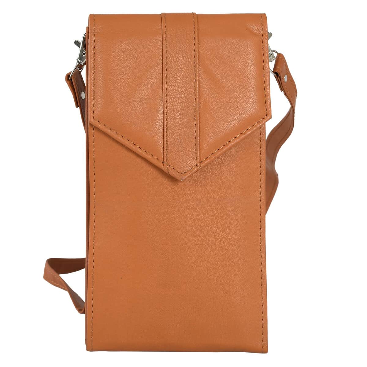 Tan RFID Protected Genuine Leather Mobile Phone Crossbody Wallet with Touch Screen Window image number 0