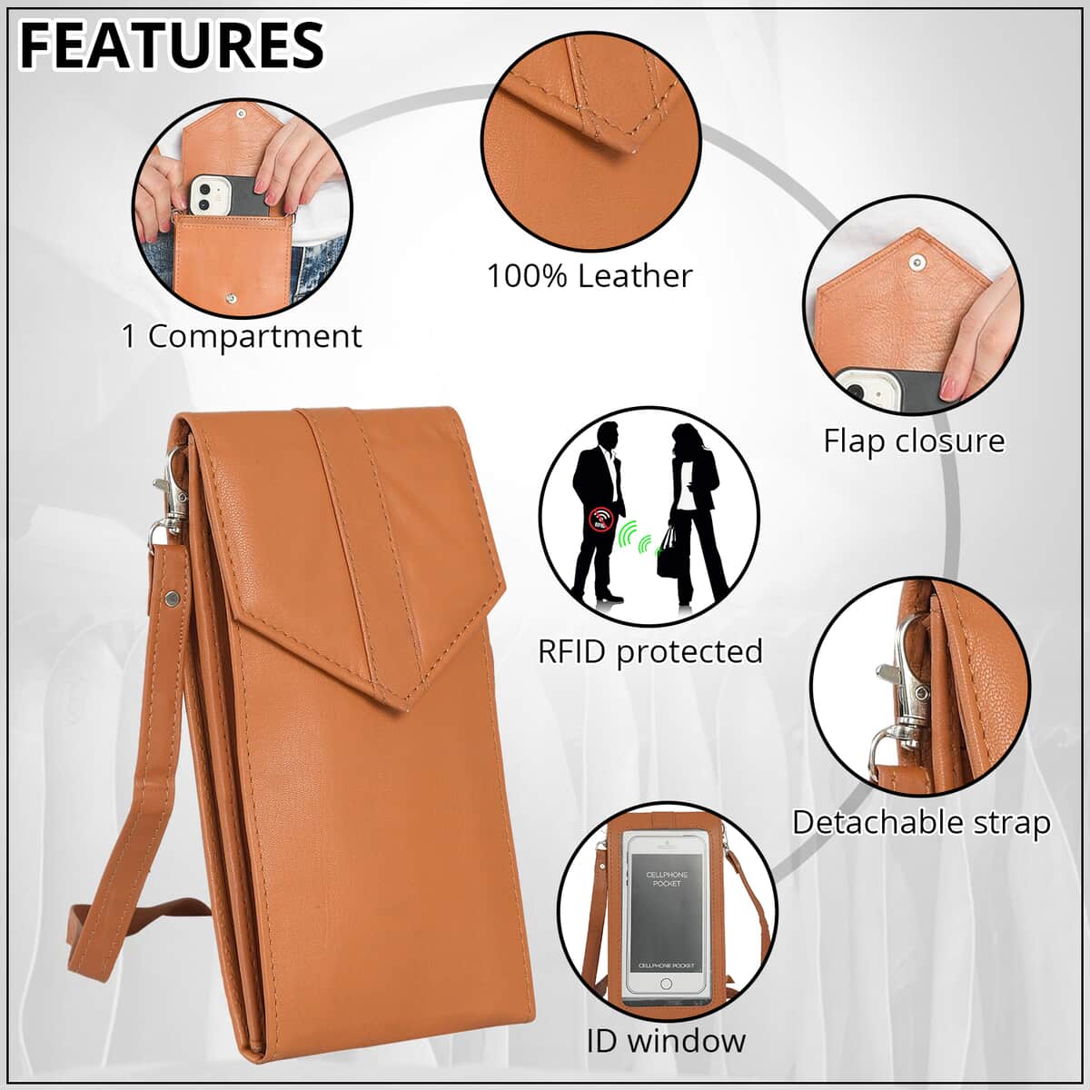 Tan RFID Protected Genuine Leather Mobile Phone Crossbody Wallet with Touch Screen Window image number 3