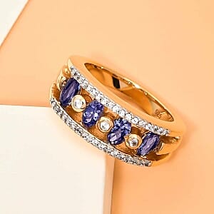 Tanzanite and Multi Gemstone 1.46 ctw Fancy Ring in 14K Yellow Gold Over Sterling Silver (Size 5.5)
