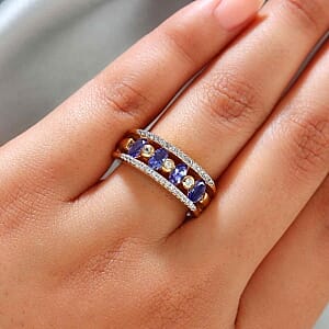 Tanzanite and Multi Gemstone 1.46 ctw Fancy Ring in 14K Yellow Gold Over Sterling Silver (Size 5.5)