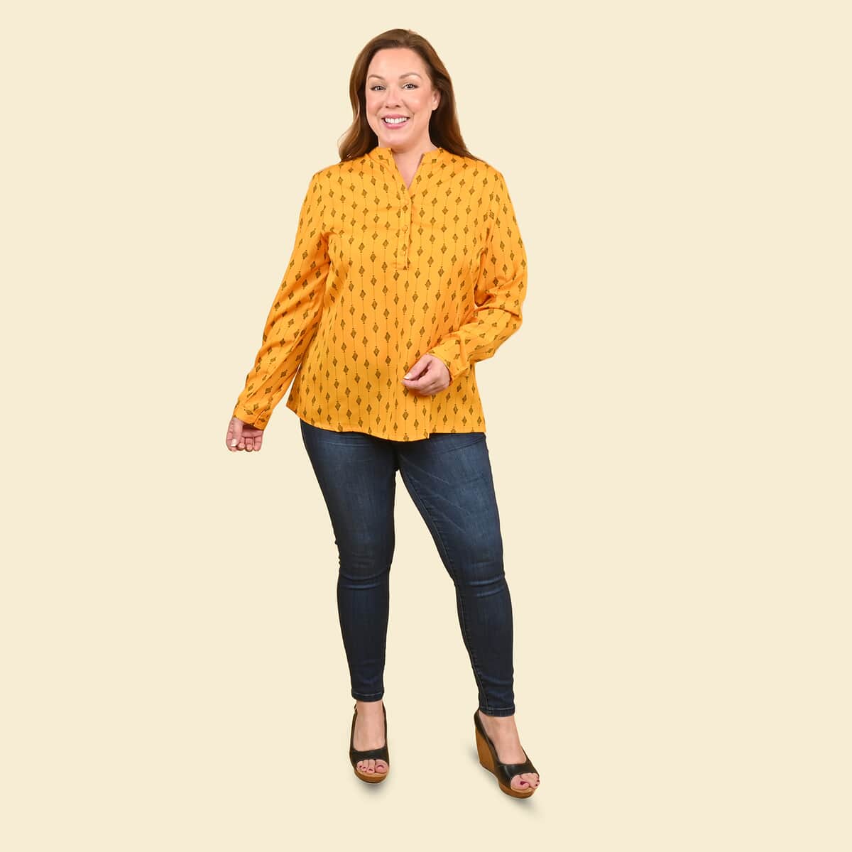 Tamsy Mustard Woven American Crepe Button Up Top -L image number 0