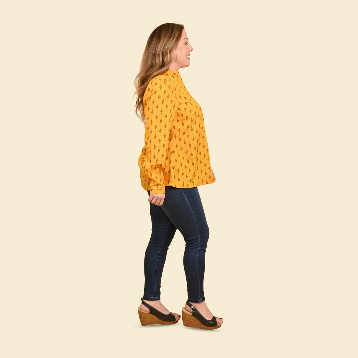 Tamsy Mustard Woven American Crepe Button Up Top -L image number 2
