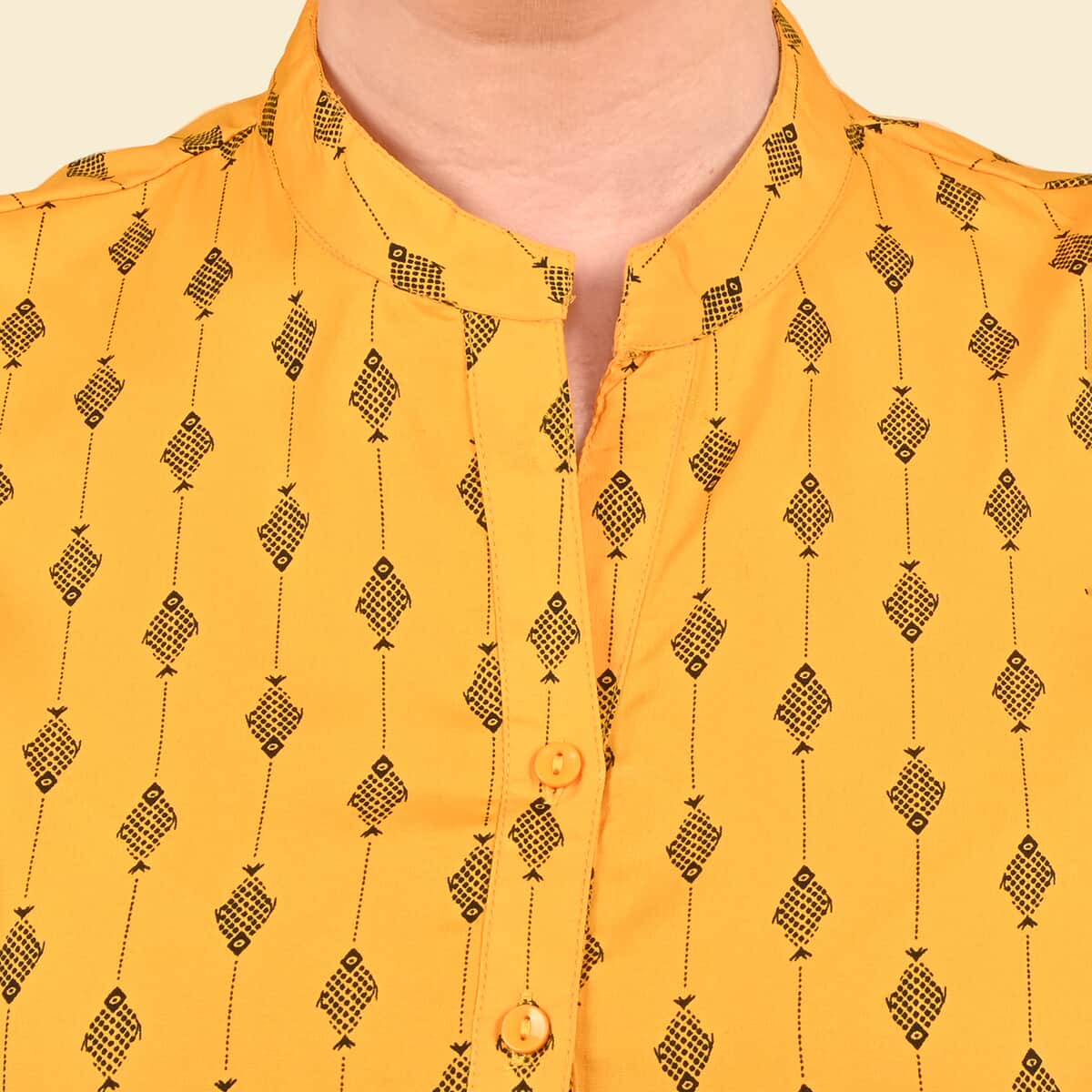 Tamsy Mustard Woven American Crepe Button Up Top -L image number 3