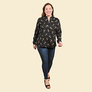 Tamsy Black Woven American Crepe Button Up Top -S